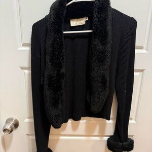 Cache Black Cardigan with Faux Fur Trim